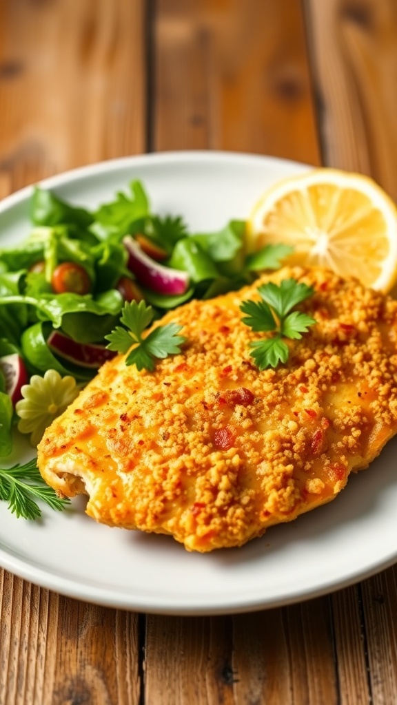 Crispy air fryer chicken breast on a plate with salad and lemon, garnished with parsley.